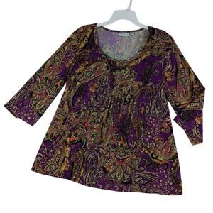 Susan Graver Liquid Knit Blouse Women's Large Purple Paisley Floral Boho‎ Office